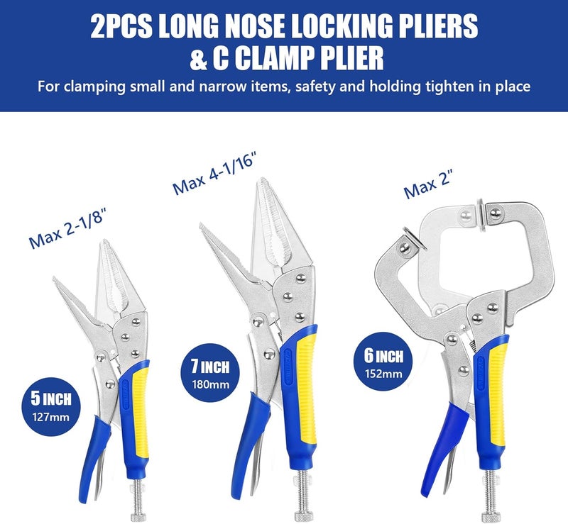 Evertools Locking Pliers Set,5"/7"/10" Curved Jaw Vise Grip,6-1/2"and 9-1/2" Needle Nose Vice Grips, 6" C-Clamp for Woodworking, Metal Working and Welding - Image 3